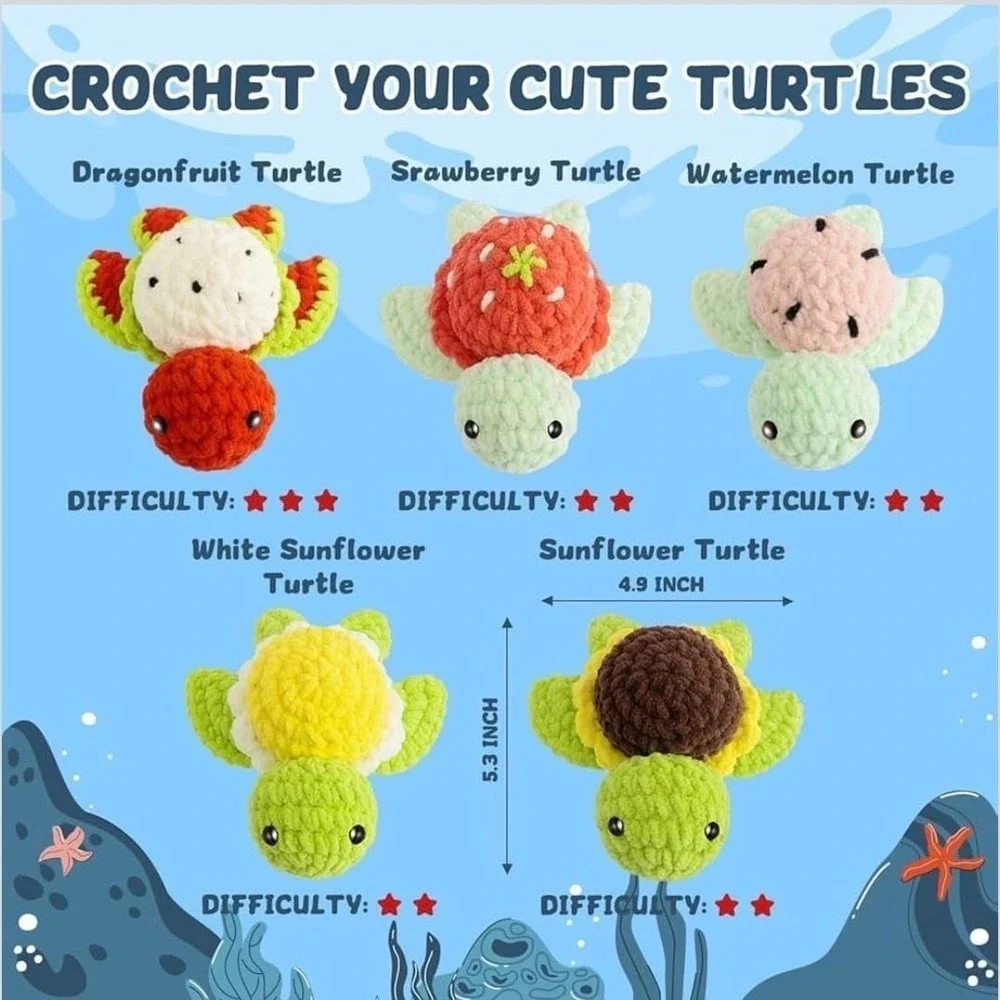 Pop‎ Cochie Fruit Turtle Crochet Kit for Beginners, 5-in-1 Amigurumi Set